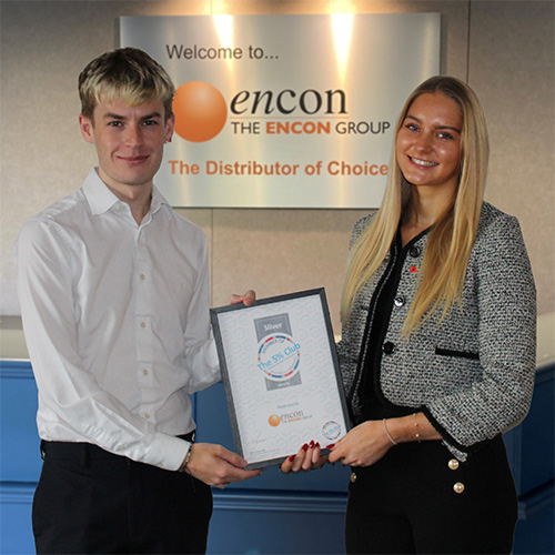 Current earn and learn employees, Jonathan Middleton and Jasmine Keith, hold Encon's Silver 5% Club certificate