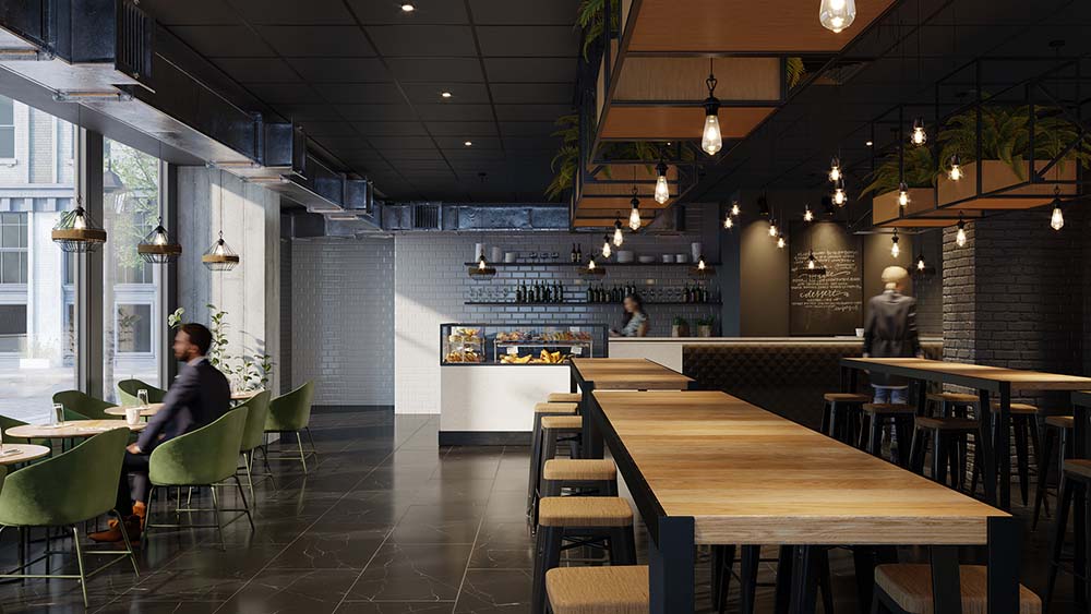 Zentia Obsidian suspended ceiling tiles used in a commercial cafe