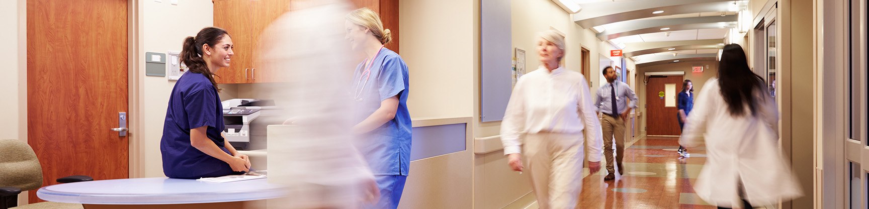 A scene in a busy hospital corridor