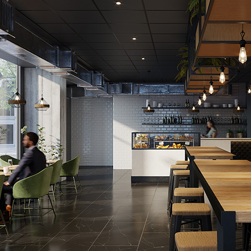 Zentia Obsidian ceiling tiles used in a commercial restaurant