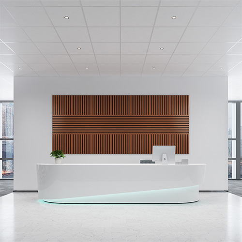Zentia Gridline used in a reception area to form a sleek, modern ceiling