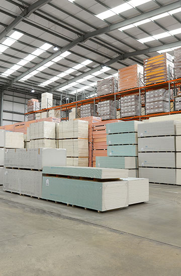 Photo of Knauf plasterboard being stored in an Encon & Nevill Long warehouse